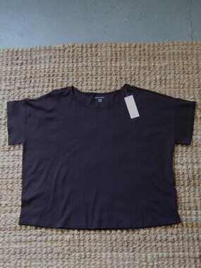 NEW Eileen Fisher Jewel Neck Organic Cotton Boxy Sleep Top, Black, XL